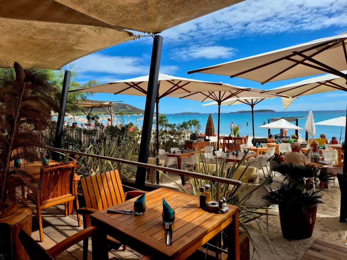 Beach clubs and coastline in Corsica, France
