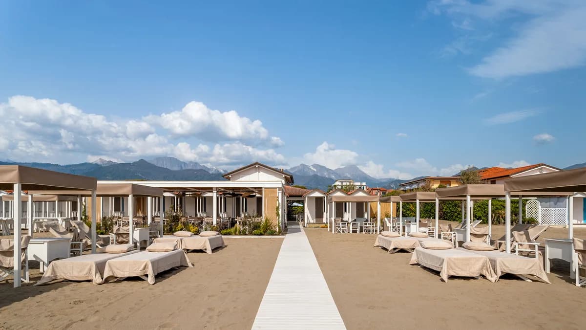 Beach clubs and coastline in Forte dei Marmi, Italy
