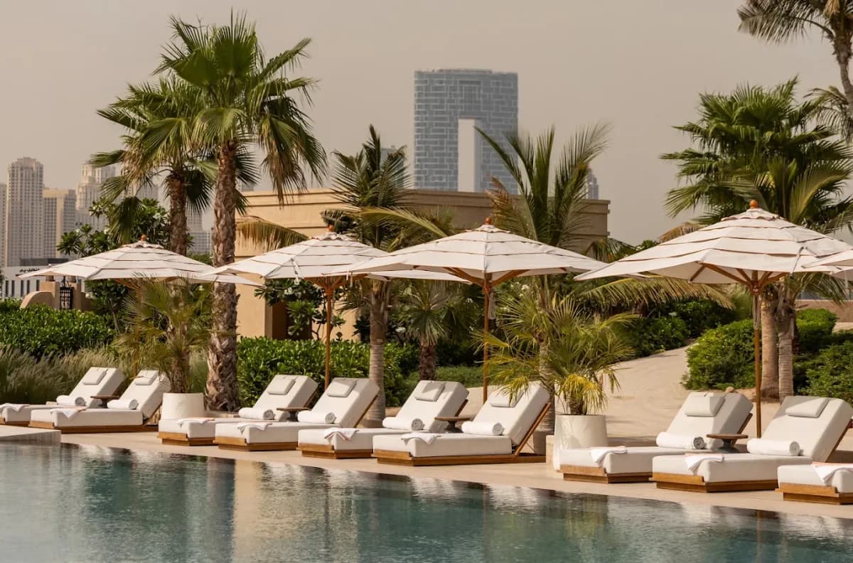 Beach clubs and coastline in Palm Jumeirah, United Arab Emirates