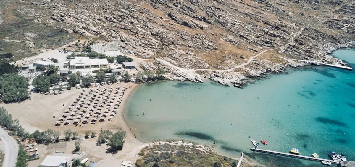 Beach clubs and coastline in Paros, Greece
