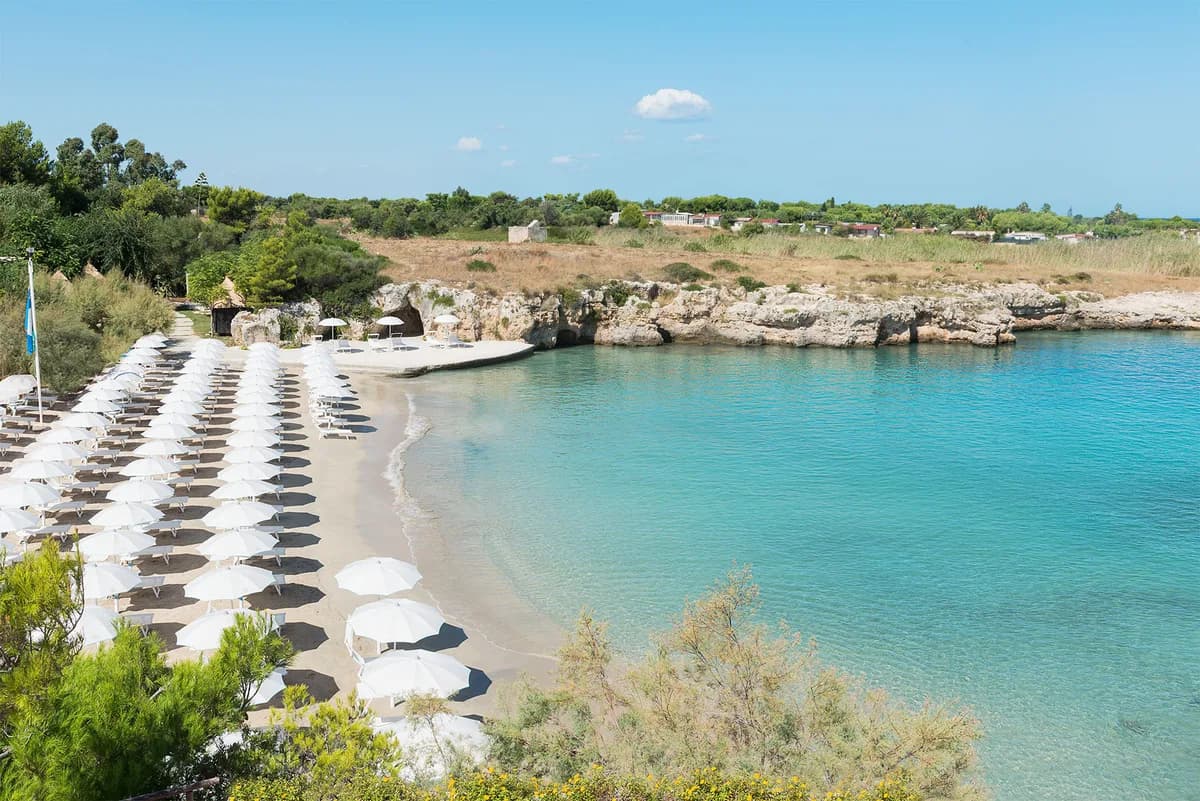 Beach clubs and coastline in Polignano a Mare and the Bari coast, Italy