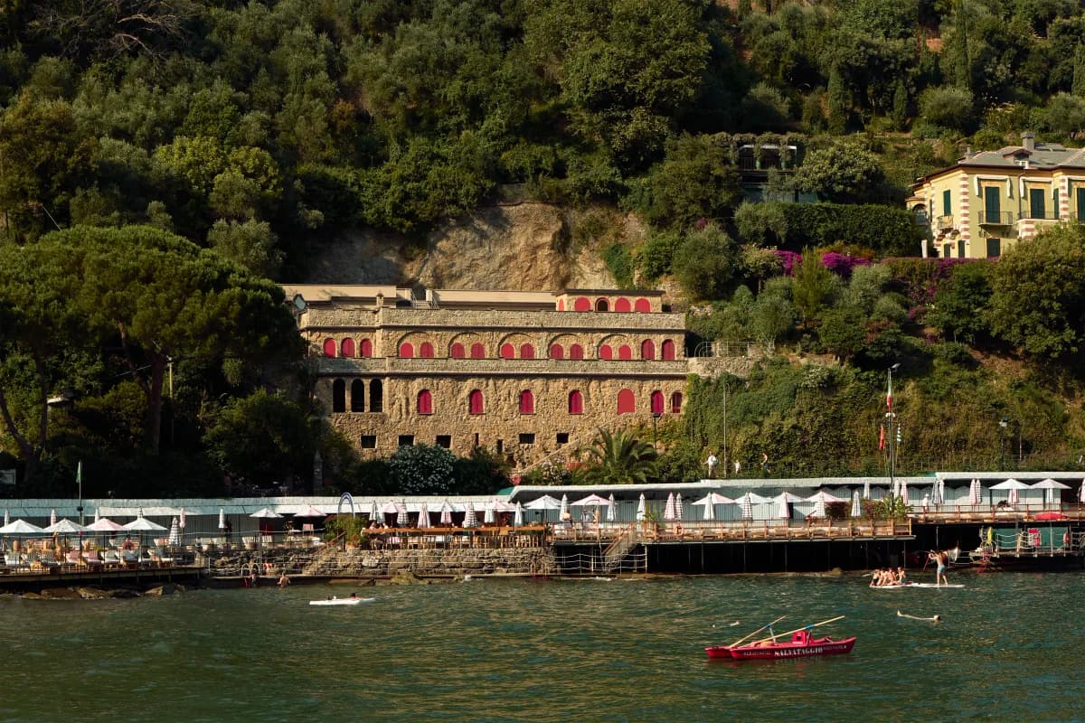 Beach clubs and coastline in Portofino, Italy