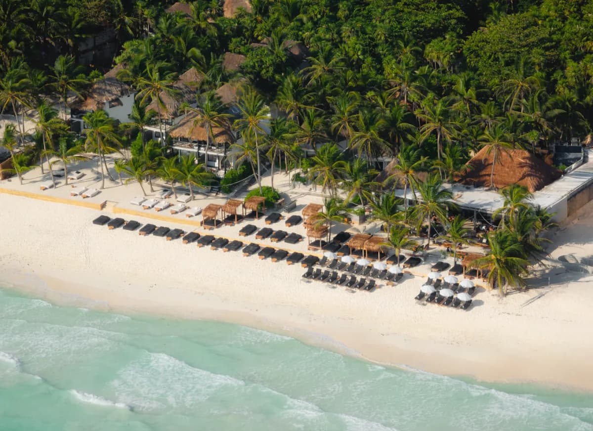 Beach clubs and coastline in Tulum, Mexico