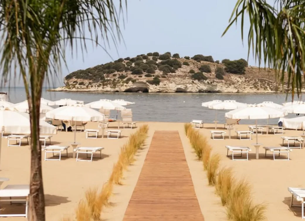 Beach clubs and coastline in Vieste and the Gargano Peninsula, Italy