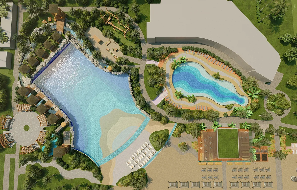 Wave pool and private beachfront at West Bay Beach Club, Corniche