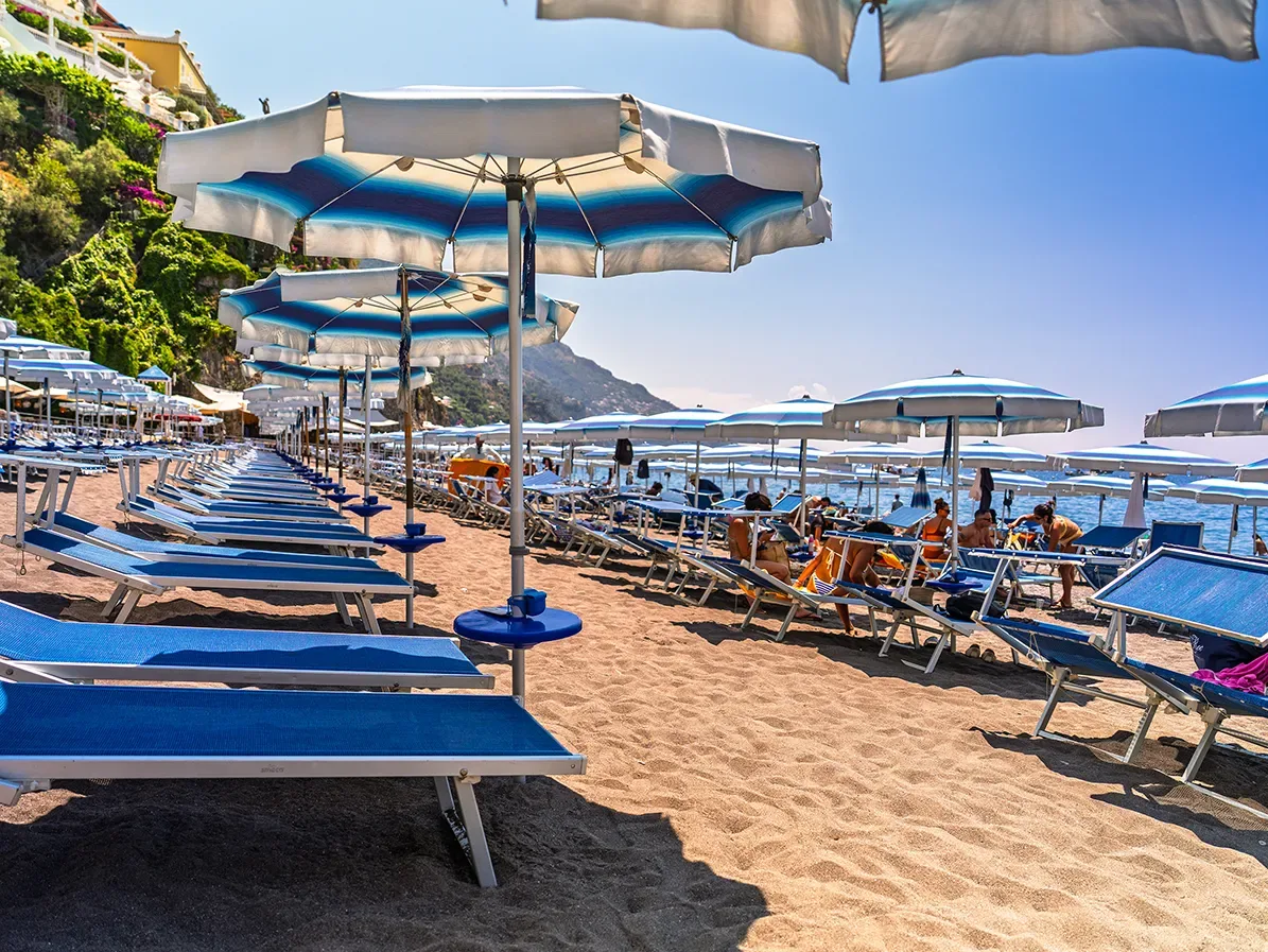 Loungers on the sand at Lido L'Incanto, Spiaggia Grande, Positano
