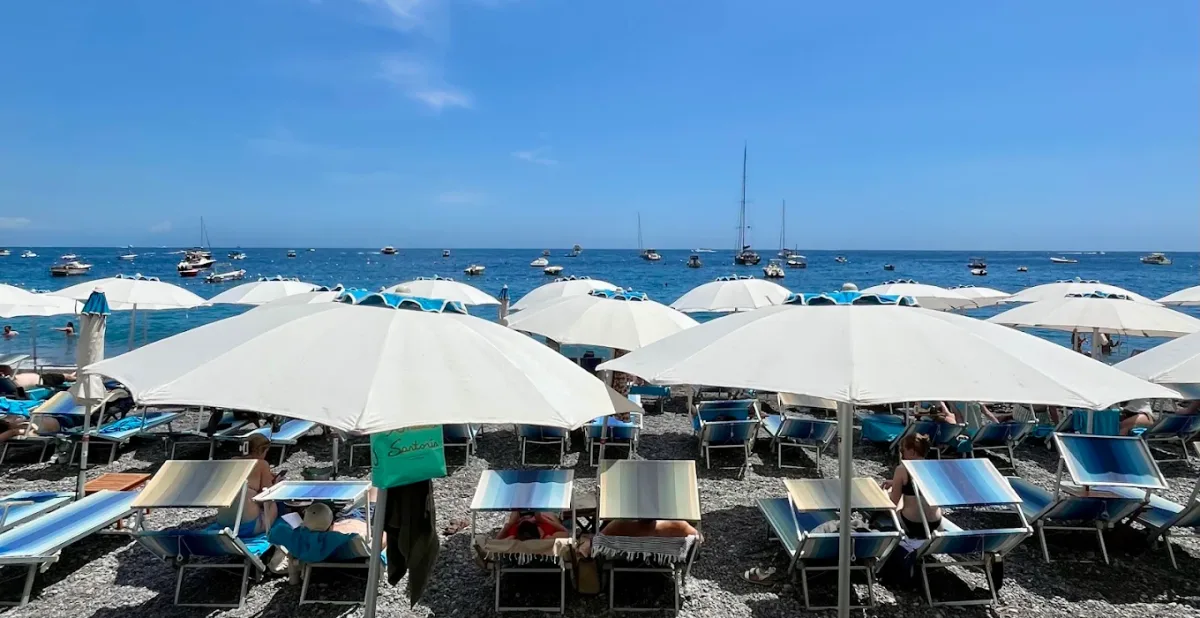 Umbrellas and loungers at Pupetto Beach Club, Fornillo Beach, Positano