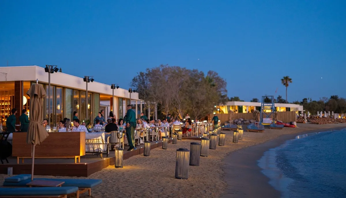 Poolside loungers and beach house terrace at Bungalow 7, Asteria Glyfada