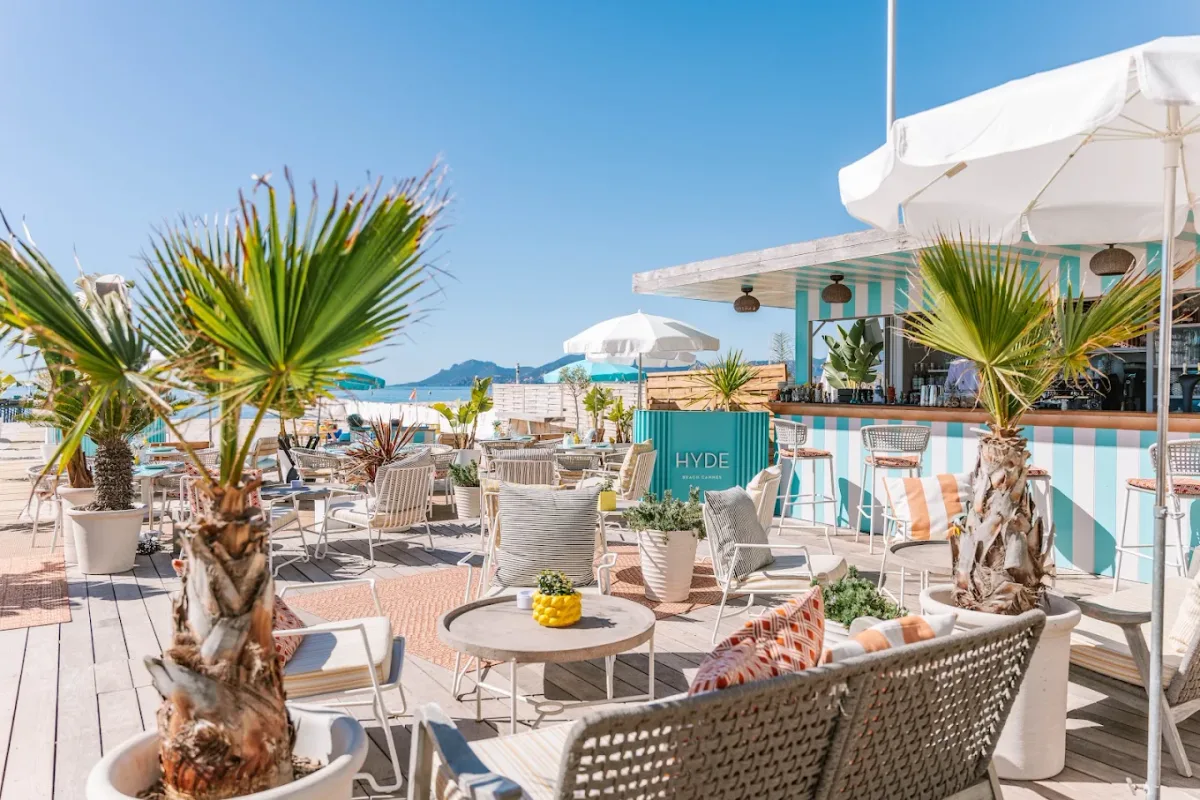 Loungers on a private pier at Hyde Beach Cannes, Mondrian private beach