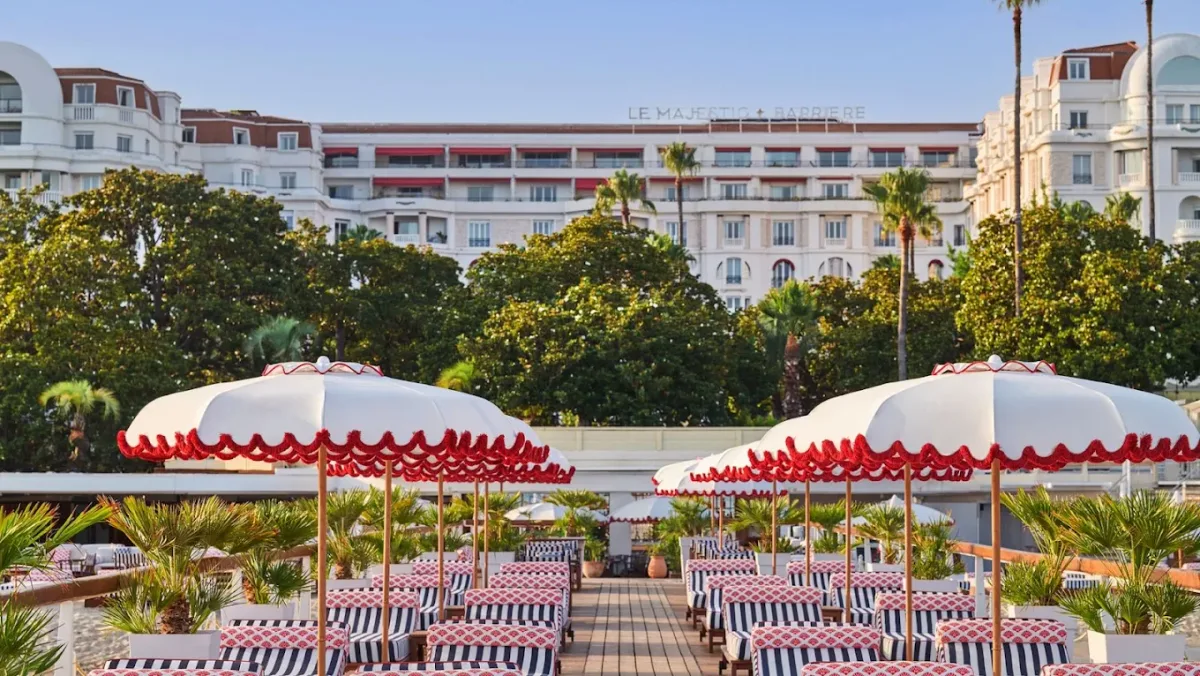 Maritime beach setup and water sports at Ciro's Cannes, Majestic private beach