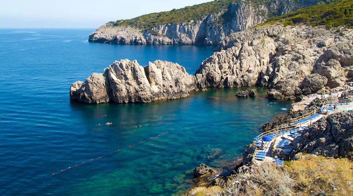 Saltwater pool and sun decks by the lighthouse at Lido del Faro, Punta Carena, Anacapri