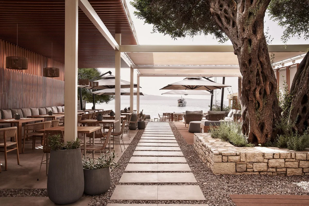 Waterfront sunbeds and Mediterranean dining at Callao Corfu, Kalami Bay