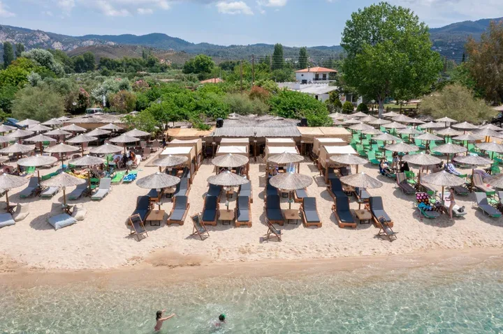 Minimal loungers on the emerald coast at Salty Sea Bar, Sithonia