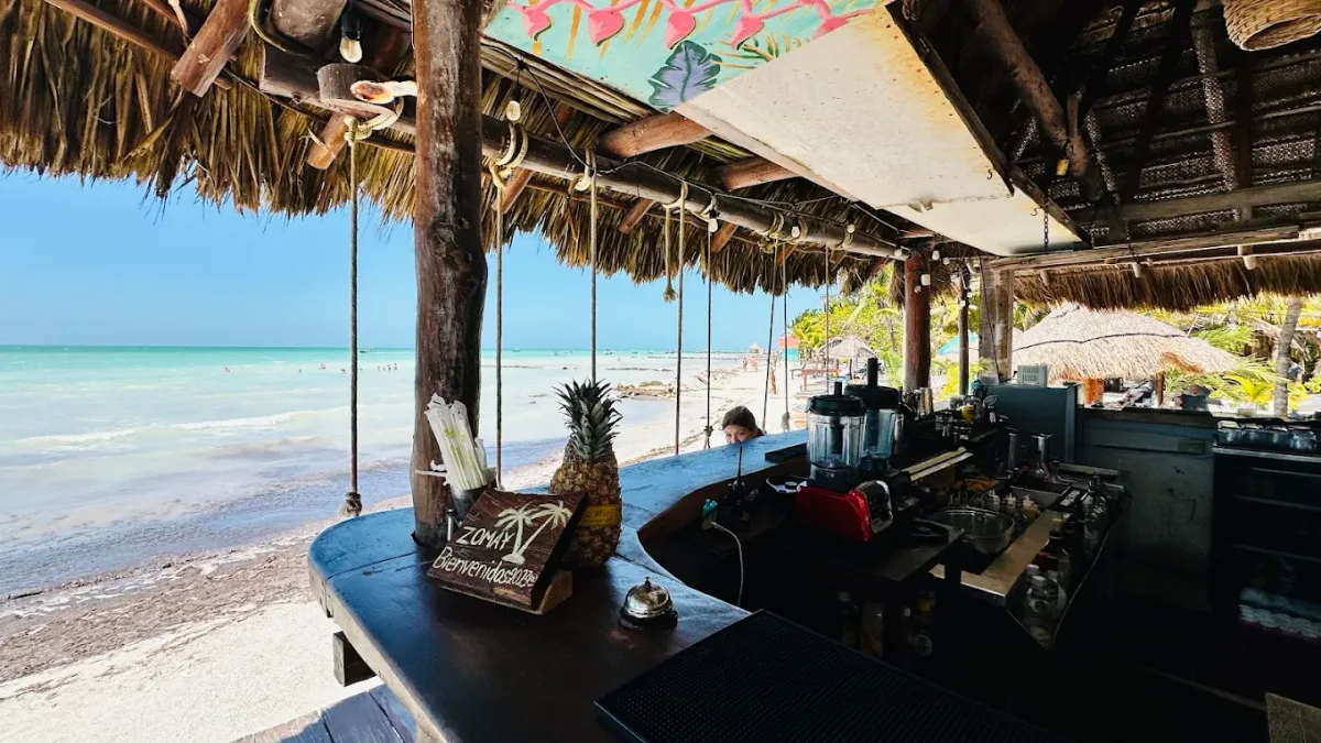 Beachfront loungers at sunset at Chiringuito Zomay, Playa Holbox