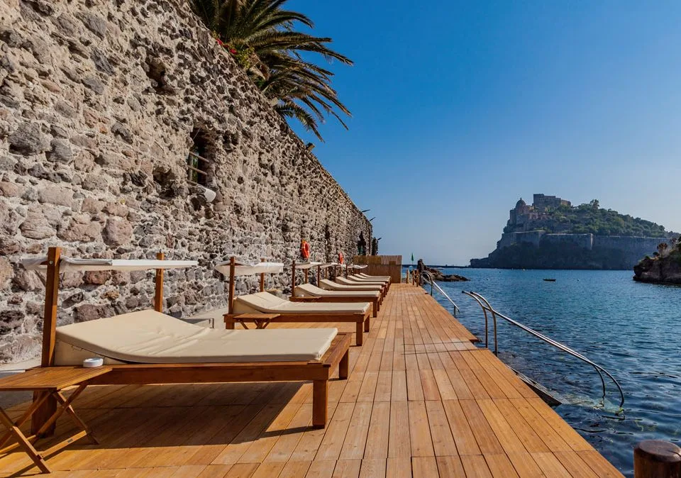 Castle-view pools at Giardino Eden Beach Club, Cartaromana