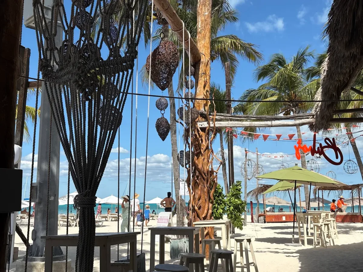 Swing seats at the bar right on the sand at Buho's Beach Bar, Playa Norte