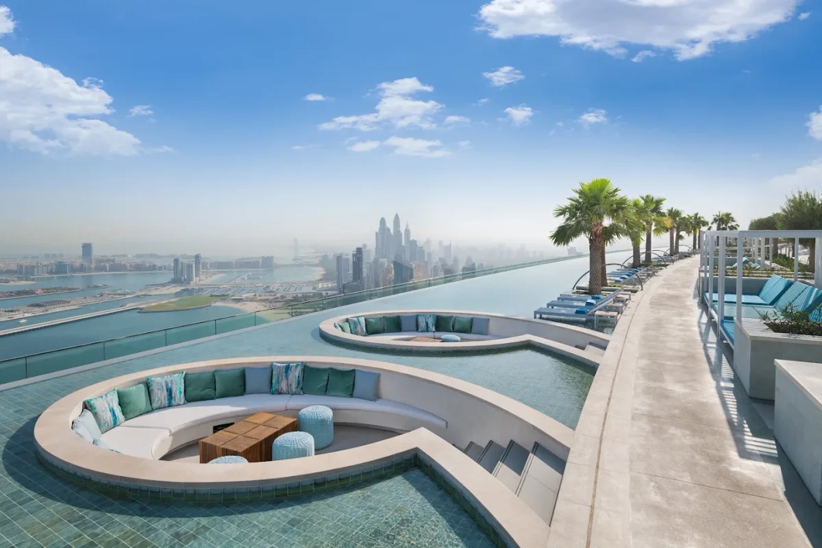 Private JBR beach and tower pools looking to Bluewaters Island at Address Beach Resort, JBR