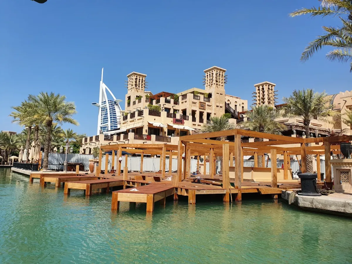 Sprawling resort beach and pools with Burj Al Arab view at Madinat Jumeirah, Mina A'Salam