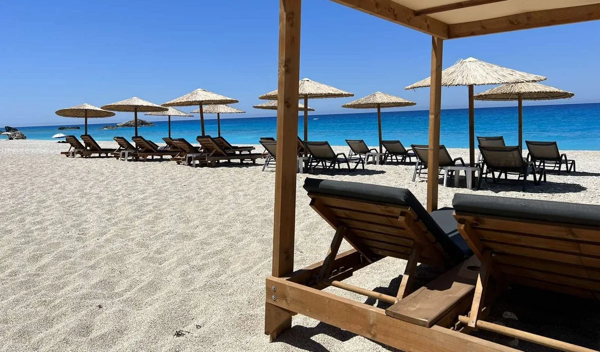 Family sunbeds and umbrellas at Libre Beach Bar, Kathisma Beach
