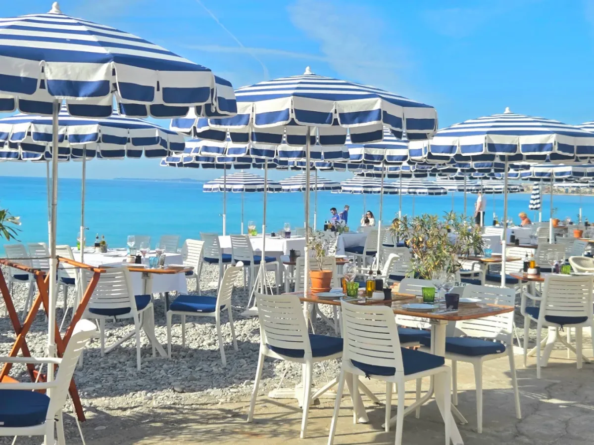 Belle Époque sun terrace and seaside restaurant at Ruhl Plage, Promenade des Anglais, Nice