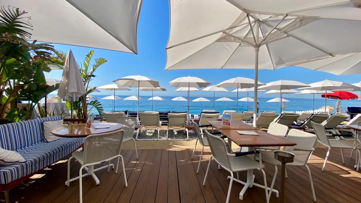 Front-row double beds and loungers facing the Mediterranean at Le Galet, Nice