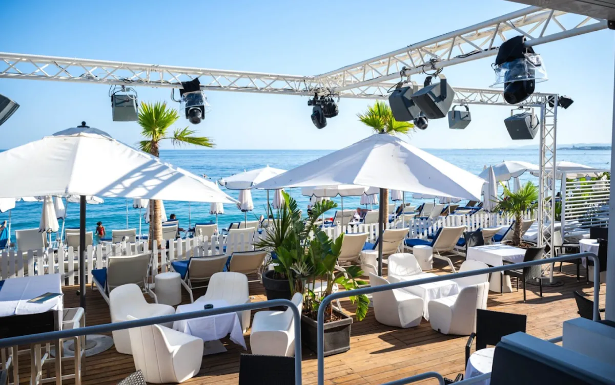 Loungers and parasols on the deck at Plage Beau Rivage, quai des États-Unis in Nice