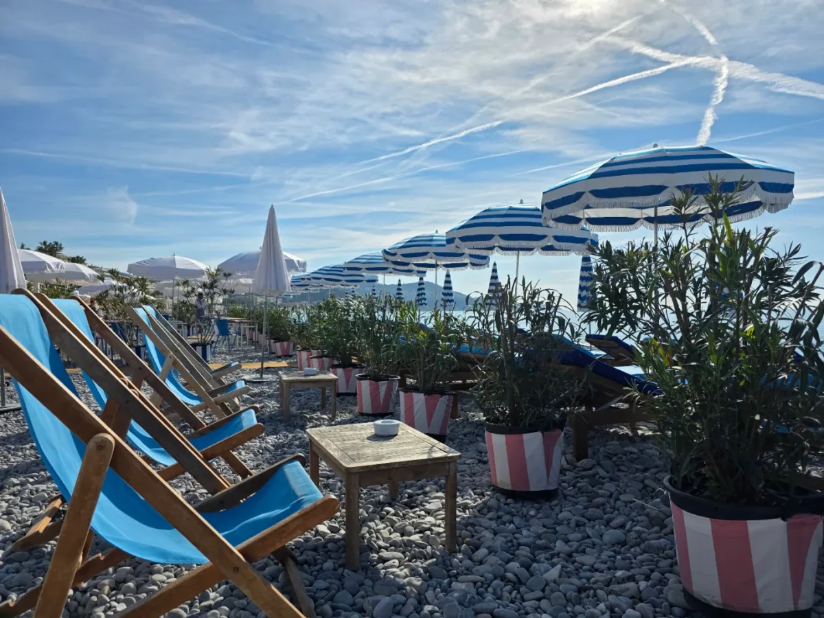 Striped parasols and pastel loungers at Hotel Amour Plage, Promenade des Anglais, Nice