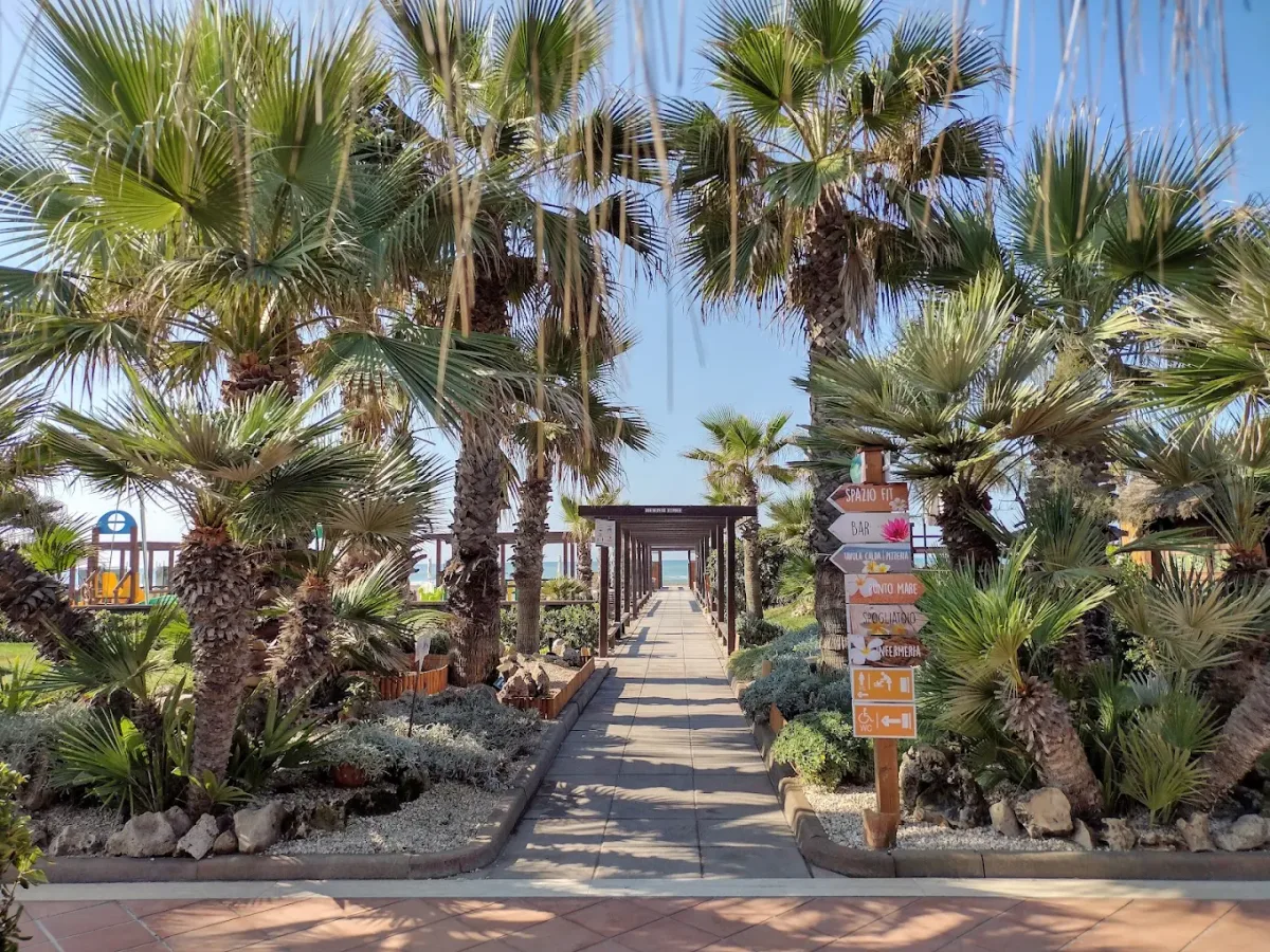 Palms, lawns and pool at Tibidabo Beach, Ostia Lido