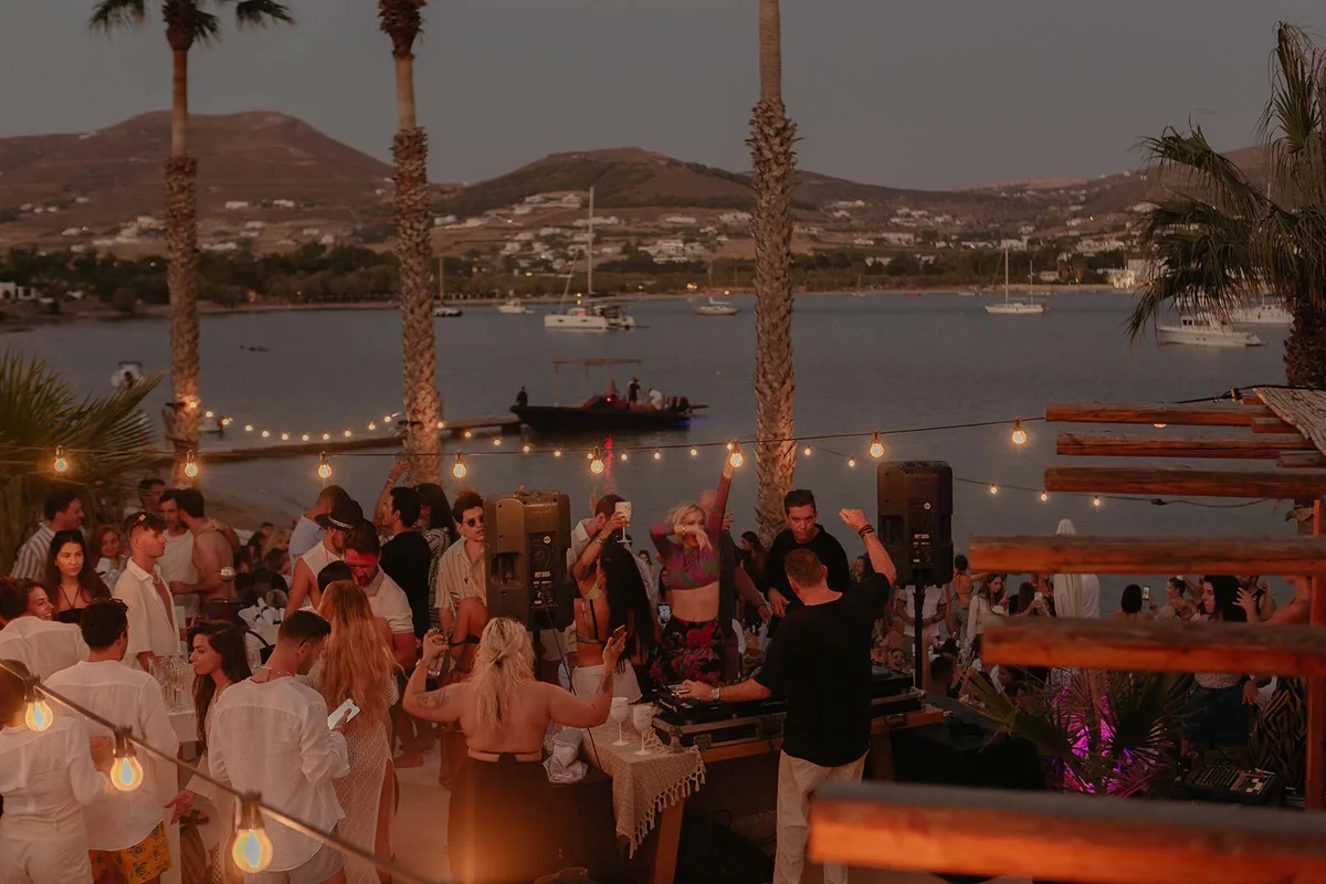Casual loungers and DJ setup at Cabana Paros, Krios in Parikia Bay