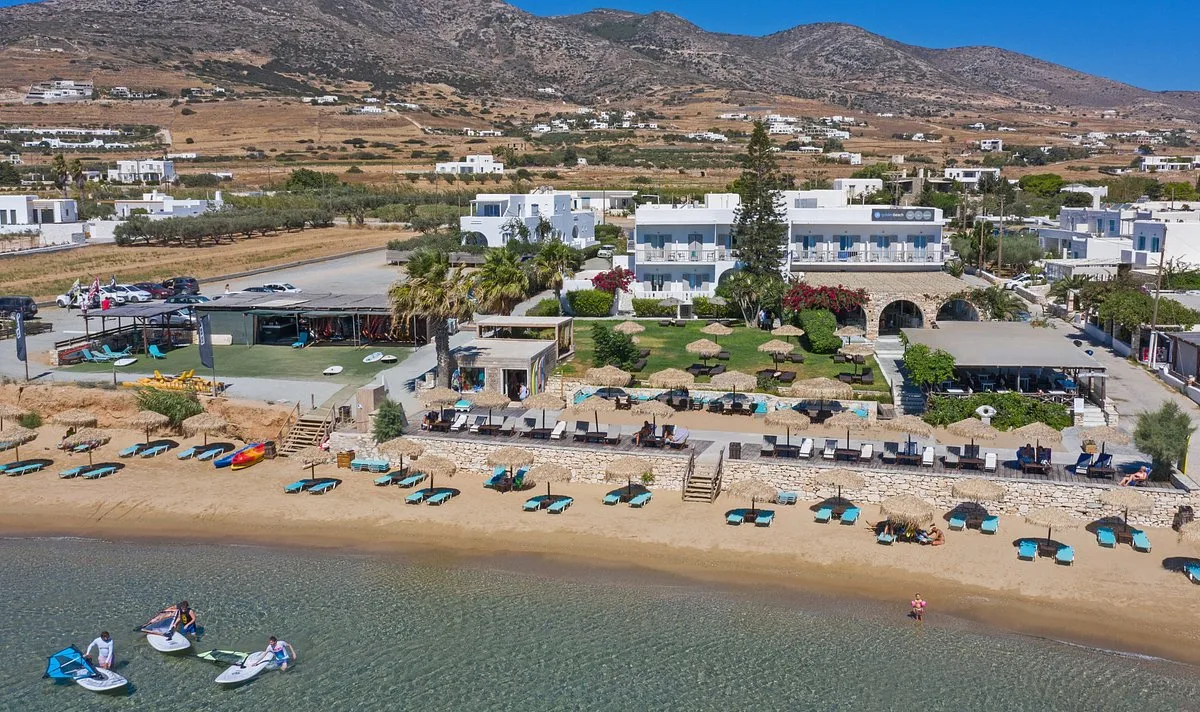 Windsurf boards and casual loungers at Rebel Beach Bar, Golden Beach