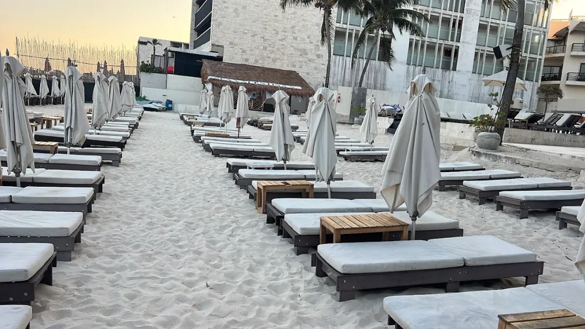 Beachfront loungers and umbrellas at Tata Sun Club, Calle 28