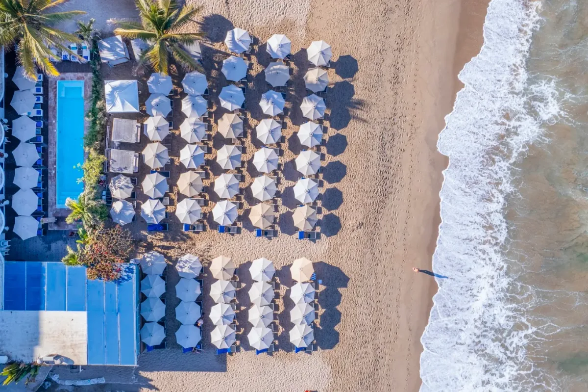 Poolside cabanas with ocean view at Sapphire Ocean Club, Los Muertos Beach