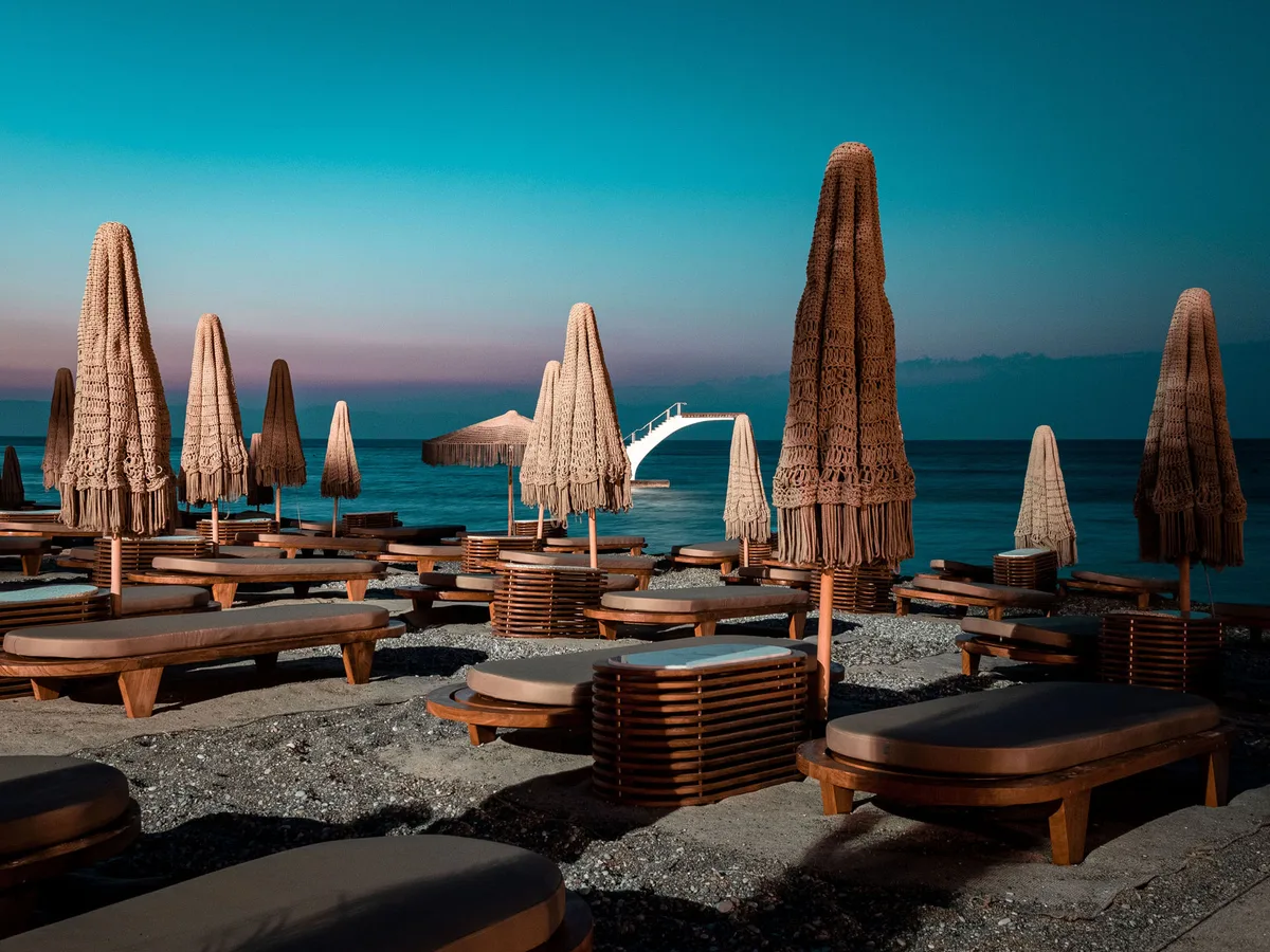 All-day beach bar and sunbeds at Elli World on central Elli Beach, Rhodes Town