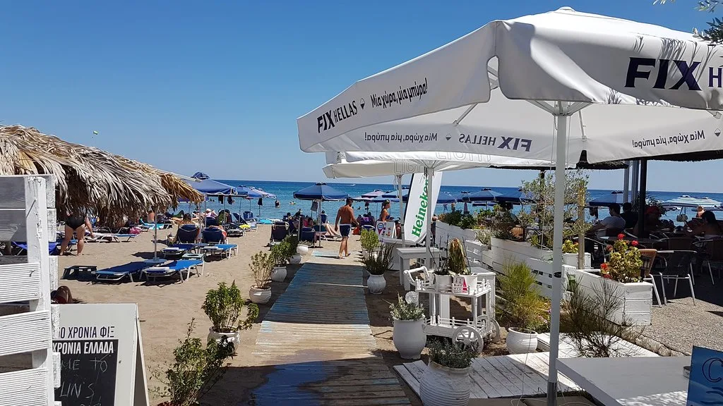 Chill-out loungers and beach bar at Chaplin's, central Faliraki
