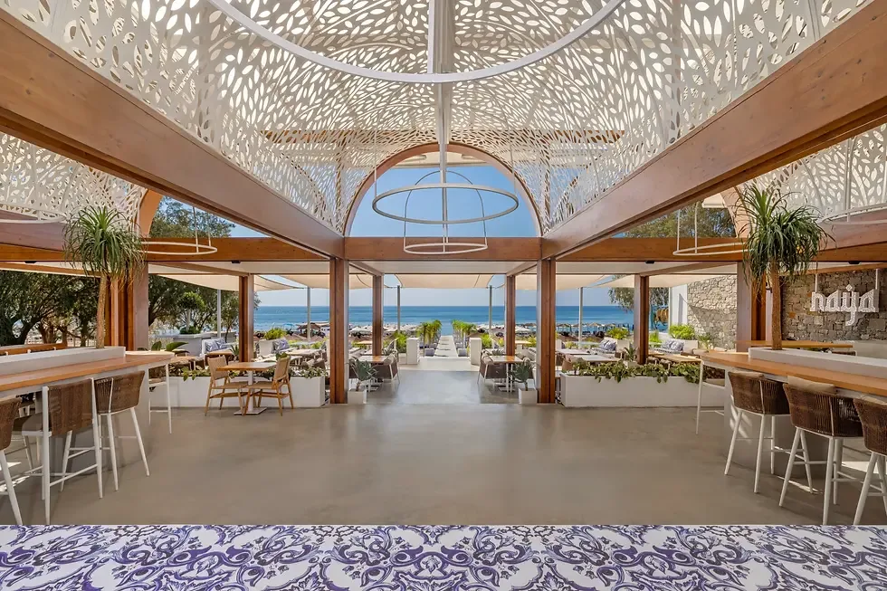 Daybeds and water sports at Naya Beach Club, Faliraki