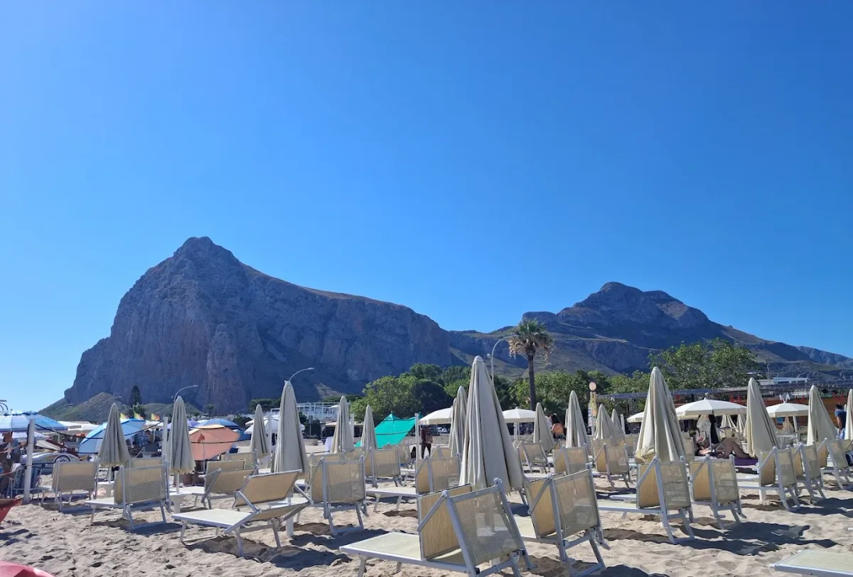 Well-spaced loungers and a lounge area at Aurora Beach Club, San Vito main beach