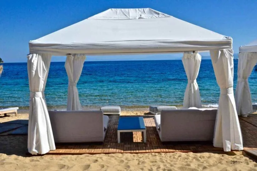 Seafood plates over the water at Ammos Beach Restaurant, Agia Paraskevi