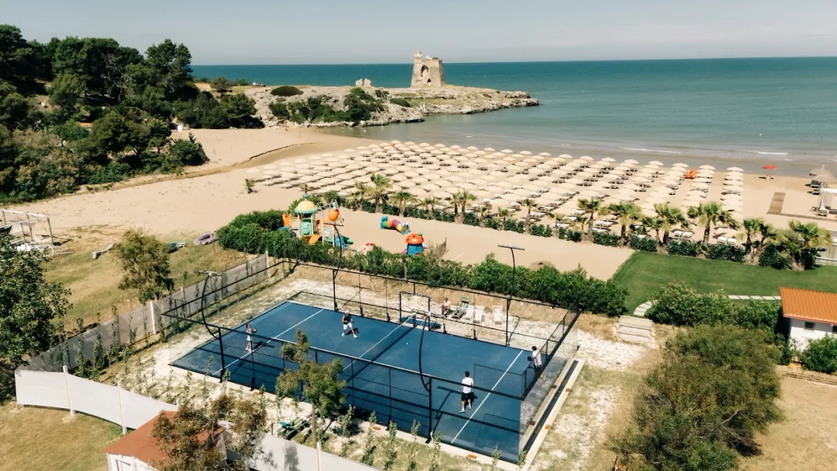Sports and family lido below the Torre di Sfinale at Lido del Piacere, Baia di Sfinale